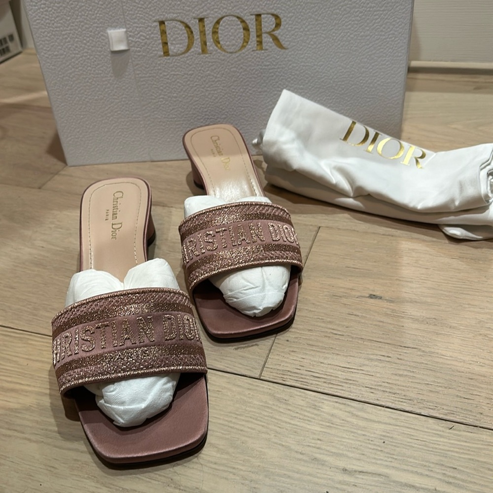 Dior Dway Heeled Slide in Rose Des Vents Metallic Thread Embroidered Satin